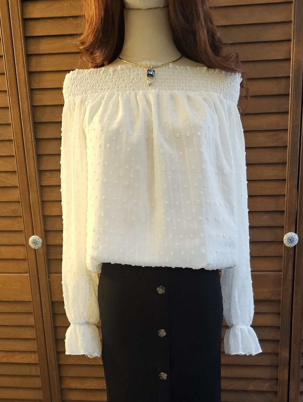 White Swiss Dot Off-Shoulder Long Sleeve Blouse